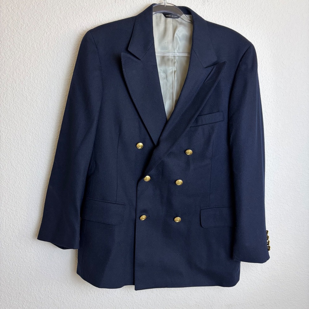 Vintage Chaps Ralph Lauren Navy Blue Double Breasted Blazer Gold Crest Button 42